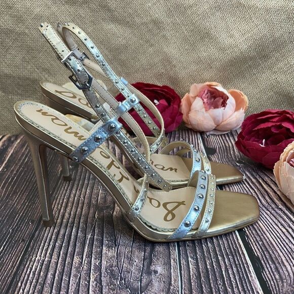 SAM EDELMAN Silver/Gold Leather Lennox Sandal 8M - Picture 8 of 11
